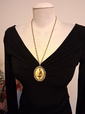 Vintage 80s Hand Painted Porcelain Bird Ceramic Pendant Thick Heavy Necklace